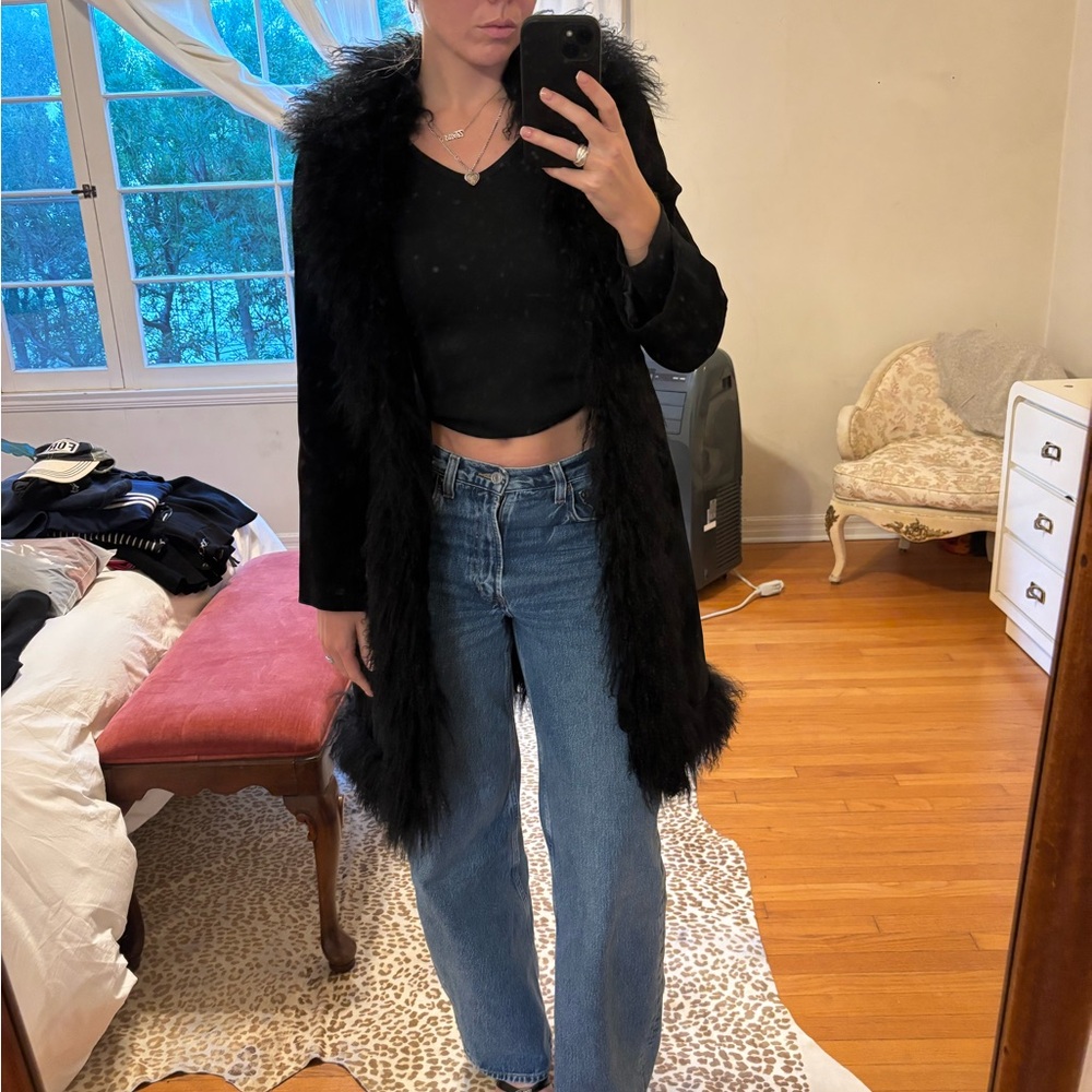 Vintage Black suede Mongolian fur trim penny lane coat - Picture 3 of 3
